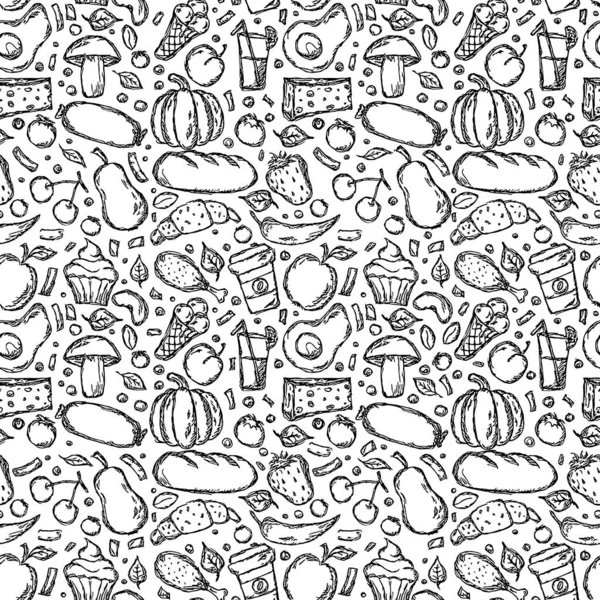 Seamless Food Pattern Doodle Vector Food Background Black White Food — 图库矢量图片