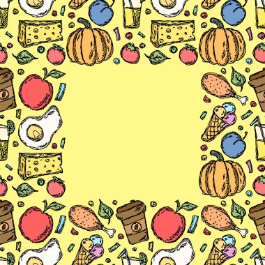 Vector Food illustration with place for text. Doodle food background.