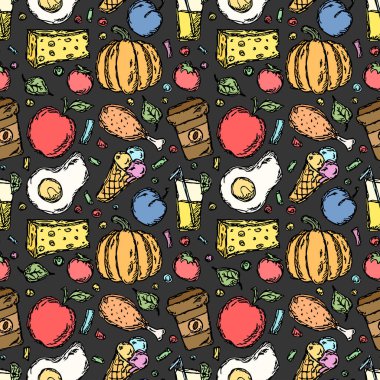 Seamless food pattern. Doodle food background. Food illustration