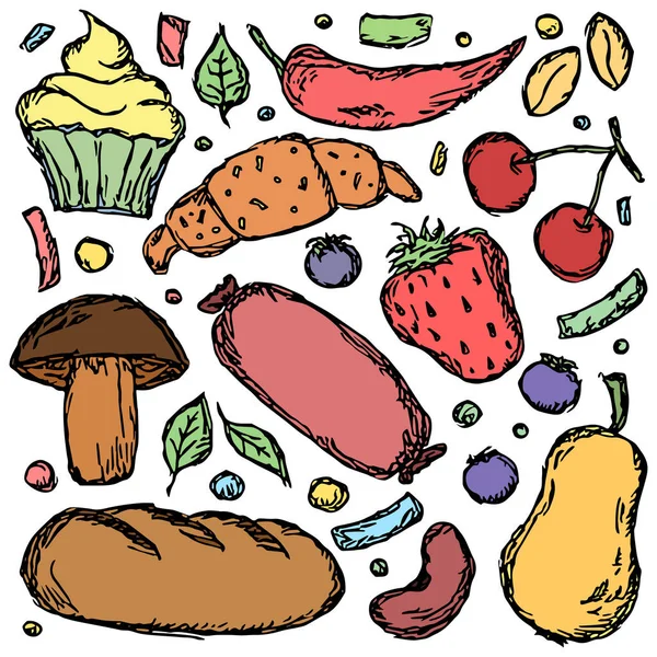 Doodle Food Icons Vector Food Background — Stockvektor