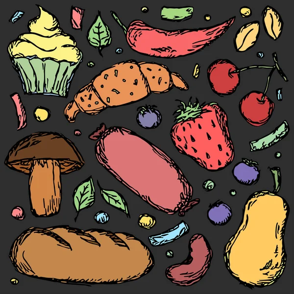 Doodle Food Icons Vector Food Background — 스톡 벡터