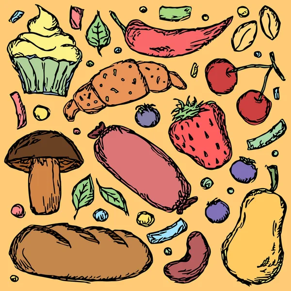 Doodle Food Icons Vector Food Background — стоковый вектор