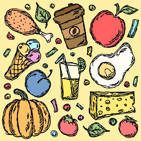 Doodle Food Icons Vector Food Background — Stockvektor