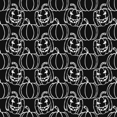 Seamles halloween pattern with scary pumpkin. Doodle halloween pumpkin background