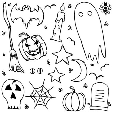 Doodle halloween icons. Black and white background with halloween icons