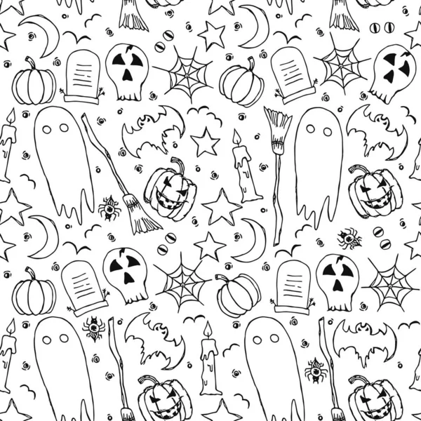 Seamless Halloween Pattern Vector Background Doodle Halloween Icons — Vetor de Stock