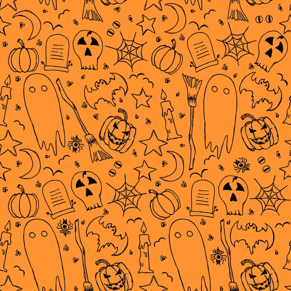 Seamless Halloween Pattern Vector Background Doodle Halloween Icons — Stok Vektör