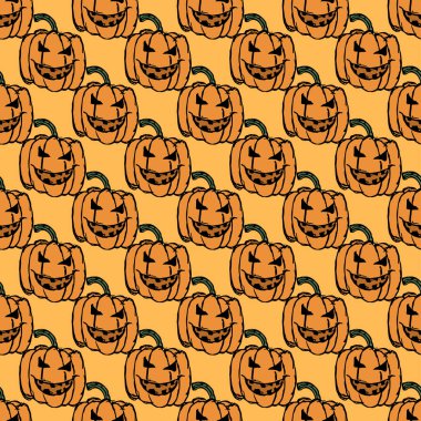 Seamless halloween pumpkin pattern. Halloween background with scary pumpkin