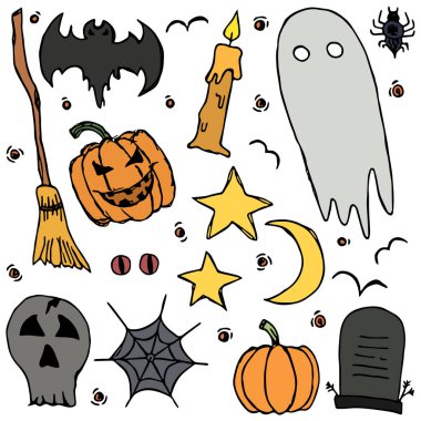 Doodle halloween icons. Halloween vector background