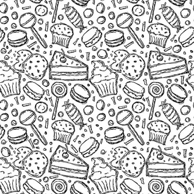 Seamless candy pattern. Sweets and candy background. Doodle vector illustration with sweets and candy icons