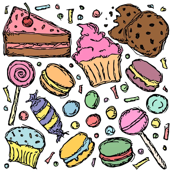 Sweets Candy Icons Sweets Background Doodle Vector Illustration Sweets Candy — Vetor de Stock