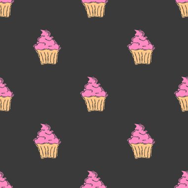 Seamless cake pattern. Sweets and candy background. Doodle vector illustration with sweets and candy icons