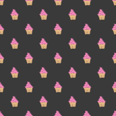 Seamless cake pattern. Sweets and candy background. Doodle vector illustration with sweets and candy icons