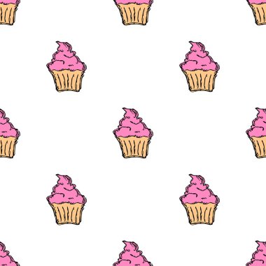 Seamless cake pattern. Sweets and candy background. Doodle vector illustration with sweets and candy icons