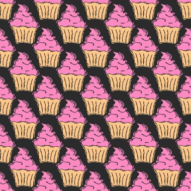 Seamless cake pattern. Sweets and candy background. Doodle vector illustration with sweets and candy icons