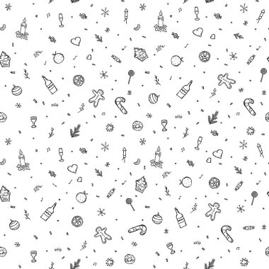 Kusursuz Noel şablonu. Yeni yıl geçmişi. Noel ve yeni yıl simgeleriyle karalama çizimi