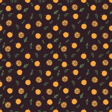 Kusursuz Noel şablonu. Yeni yıl geçmişi. Noel ağacı ve turuncu simgelerle karalama çizimi