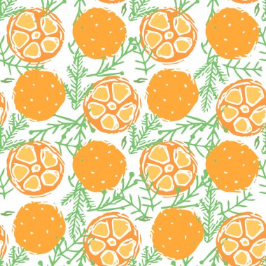 Kusursuz Noel şablonu. Yeni yıl geçmişi. Noel ağacı ve turuncu simgelerle karalama çizimi