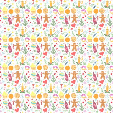 Kusursuz Noel şablonu. Yeni yıl geçmişi. Noel ve yeni yıl simgeleriyle karalama çizimi