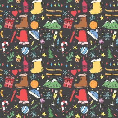 Kusursuz Noel şablonu. Yeni yıl geçmişi. Noel ve yeni yıl simgeleriyle karalama çizimi