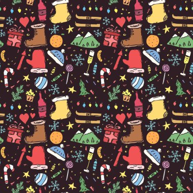 Kusursuz Noel şablonu. Yeni yıl geçmişi. Noel ve yeni yıl simgeleriyle karalama çizimi