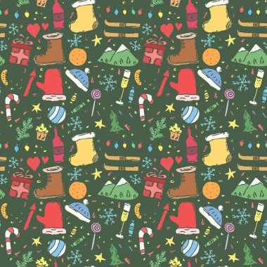 Kusursuz Noel şablonu. Yeni yıl geçmişi. Noel ve yeni yıl simgeleriyle karalama çizimi