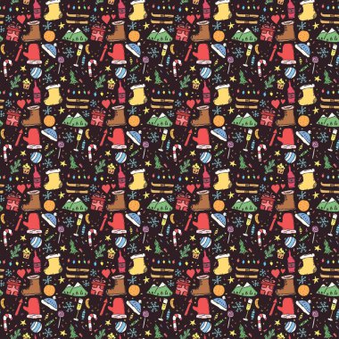 Kusursuz Noel şablonu. Yeni yıl geçmişi. Noel ve yeni yıl simgeleriyle karalama çizimi