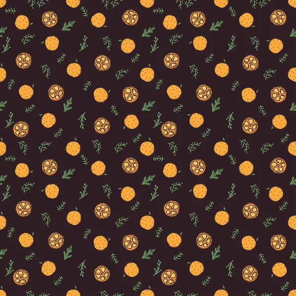 Kusursuz Noel şablonu. Yeni yıl geçmişi. Noel ağacı ve turuncu simgelerle karalama çizimi