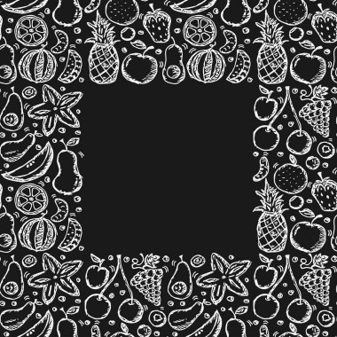 Meyve çerçevesi. Metin için yeri olan kusursuz meyve deseni. Meyve ikonlarıyla karalama çizimi. Meyve arkaplanı