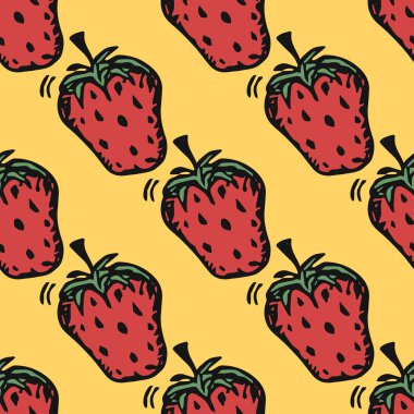 Kusursuz çilek deseni. Kırmızı çilek ikonlu Doodle vektörü. Klasik çilek deseni