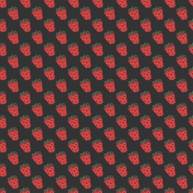 Kusursuz çilek deseni. Kırmızı çilek ikonlu Doodle vektörü. Klasik çilek deseni