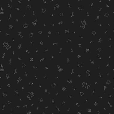 Kusursuz Noel şablonu. Yeni yıl geçmişi. Noel ve yeni yıl simgeleriyle karalama çizimi