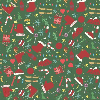 Kusursuz Noel şablonu. Yeni yıl geçmişi. Noel ve yeni yıl simgeleriyle karalama çizimi