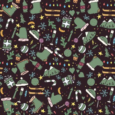 Kusursuz Noel şablonu. Yeni yıl geçmişi. Noel ve yeni yıl simgeleriyle karalama çizimi