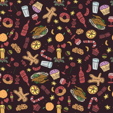 Kusursuz Noel şablonu. Yeni yıl geçmişi. Noel ve yeni yıl simgeleriyle karalama çizimi