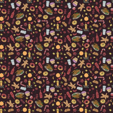 Kusursuz Noel şablonu. Yeni yıl geçmişi. Noel ve yeni yıl simgeleriyle karalama çizimi