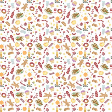 Kusursuz Noel şablonu. Yeni yıl geçmişi. Noel ve yeni yıl simgeleriyle karalama çizimi