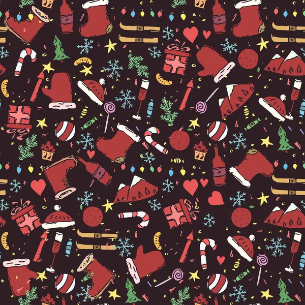 无缝隙的圣诞节图案 新年背景 用圣诞和新年的象征来描绘涂鸦 — 图库矢量图片