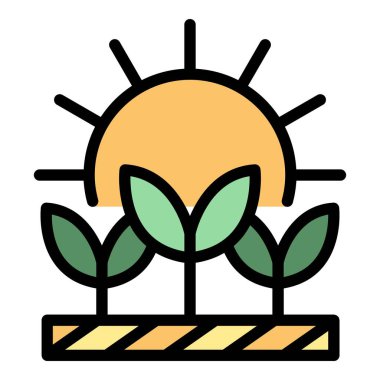 Güneş simgesi altındaki bitkiler renk ana hatları vektörü