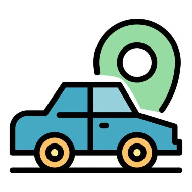 Araba yolculuğu konumu simgesi renk ana hatları vektörü