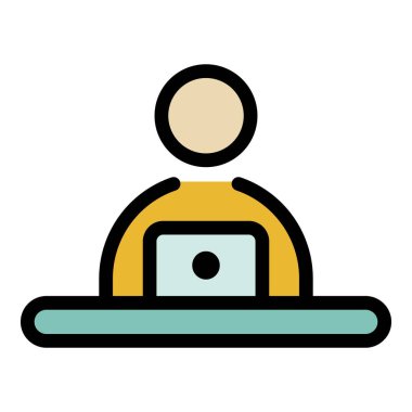 İnsan ve dizüstü bilgisayar simgesi renk ana hatları vektörü