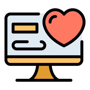 Bilgisayar ve kalp simgesi renk ana hatları vektörü