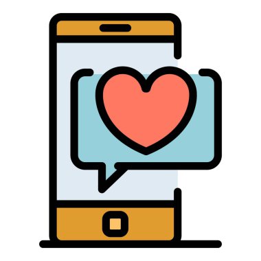 Akıllı telefon sohbet kabarcık kalp ikonu renk ana hatları vektörü