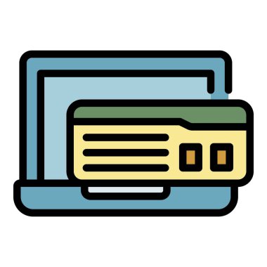 Dizüstü bilgisayar ve bilet simgesi renk ana hatları vektörü