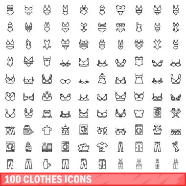 100 giyim Icons set, anahat stili
