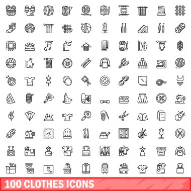 100 giyim Icons set, anahat stili
