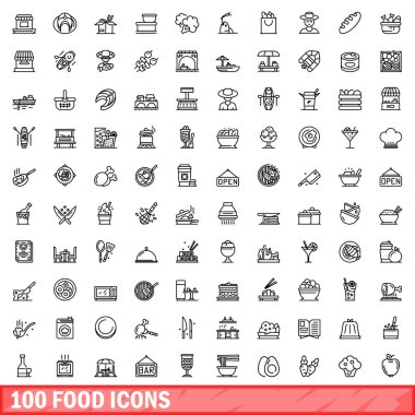 100 gıda Icons set, anahat stili