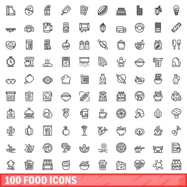 100 gıda Icons set, anahat stili