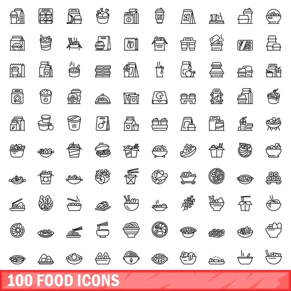 Ensemble de 100 icônes alimentaires, style contour — Image vectorielle