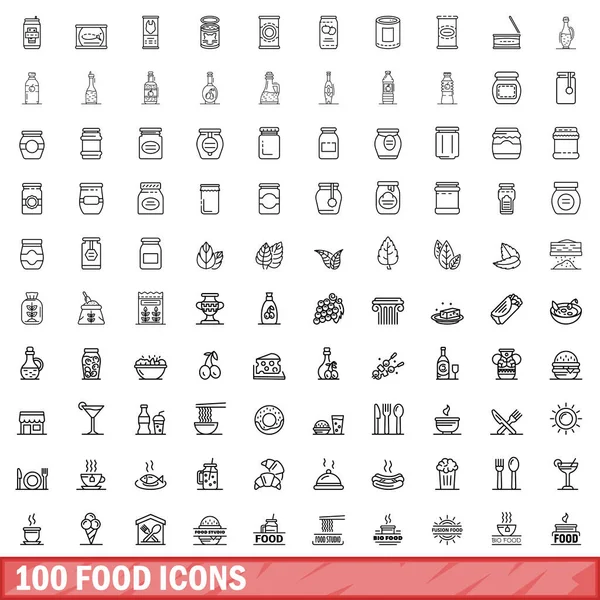 100 ikoner i matvaresett, konturstil – stockvektor